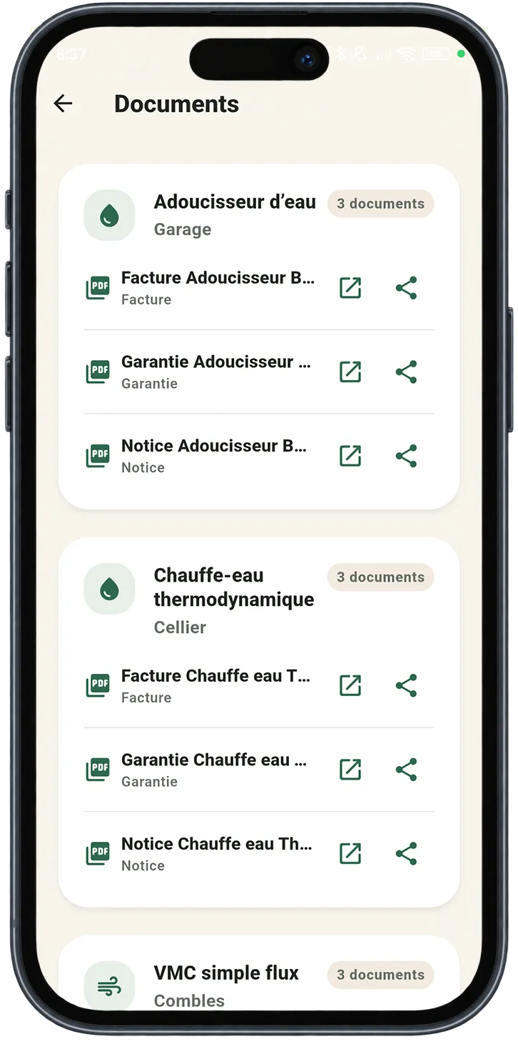 Documents associés aux équipements dans Carnet Entretien Maison