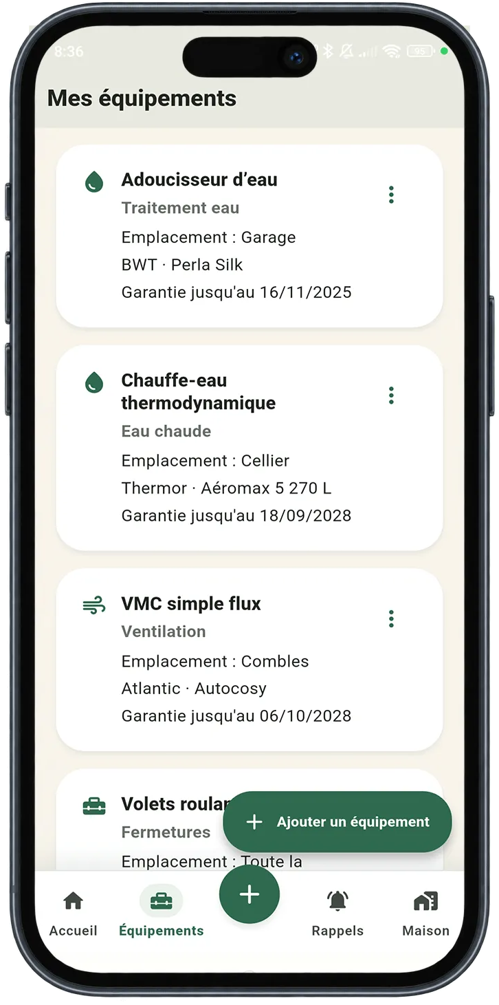 Liste des équipements dans Carnet Entretien Maison