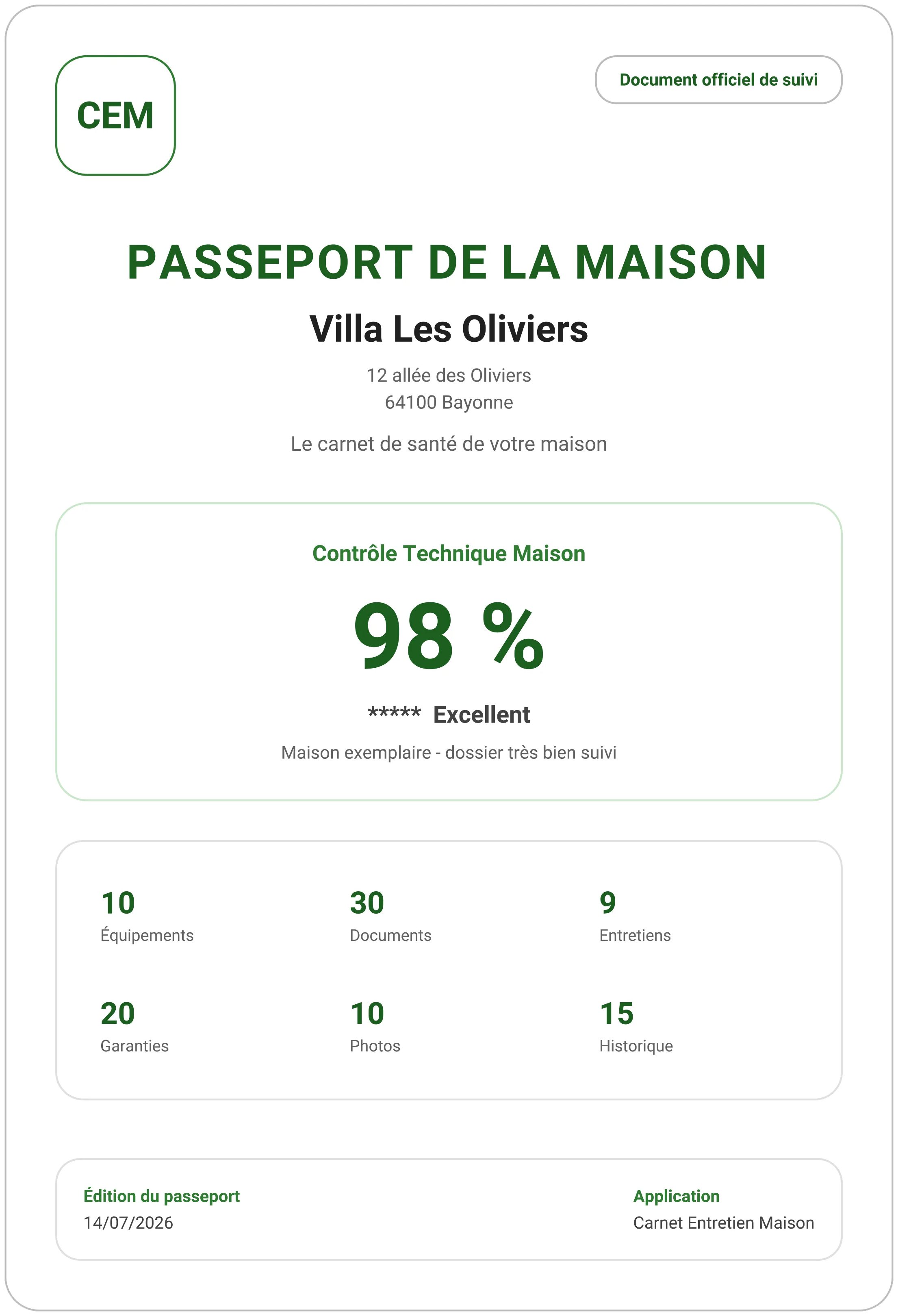 Passeport Maison généré par Carnet Entretien Maison